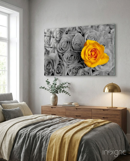 Yellow Rose glass wall art displayed above a console in a designer interior