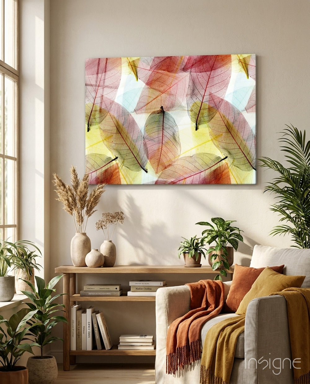 Colorful Leaves glass wall art displayed above a console in a designer interior
