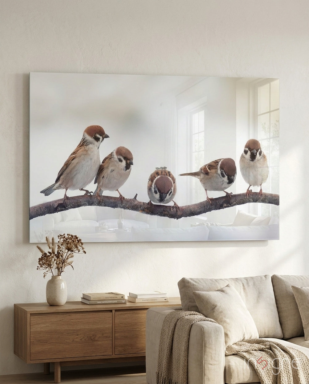 Birds sparrows glass wall art displayed above a console in a designer interior