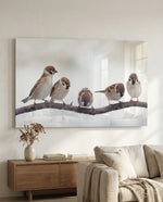 Birds sparrows glass wall art displayed above a console in a designer interior