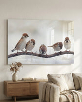 Birds sparrows glass wall art displayed above a console in a designer interior