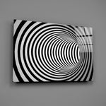 Close-up detail of the black and white spiraling concentric rings