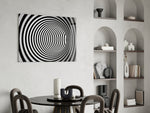 Illusion glass print energizing a hallway with op-art drama