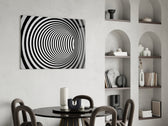 Illusion glass print energizing a hallway with op-art drama