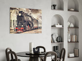 Train glass print enhancing a hallway with cinematic vintage mood