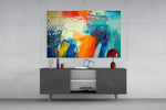 Bold abstract blue orange glass wall art flat view