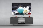 Teal candle zen stones glass wall art flat view