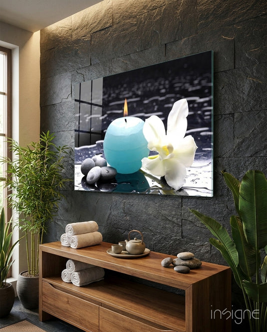 Candle zen glass wall art displayed above a console in a designer interior