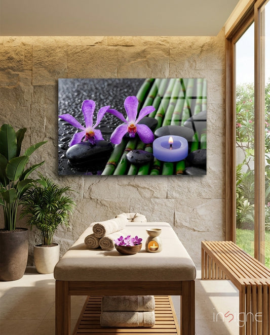 Spa violet orchid glass wall art displayed above a console in a designer interior