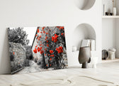 Red Rose glass wall art styled above a bed in a romantic bedroom