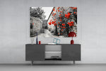Red roses stone wall glass wall art flat view