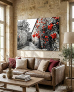 Red Rose glass wall art displayed above a console in a designer interior