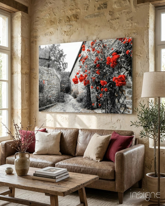 Red Rose glass wall art displayed above a console in a designer interior