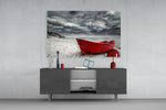 Red kayak deserted beach glass wall art flat view