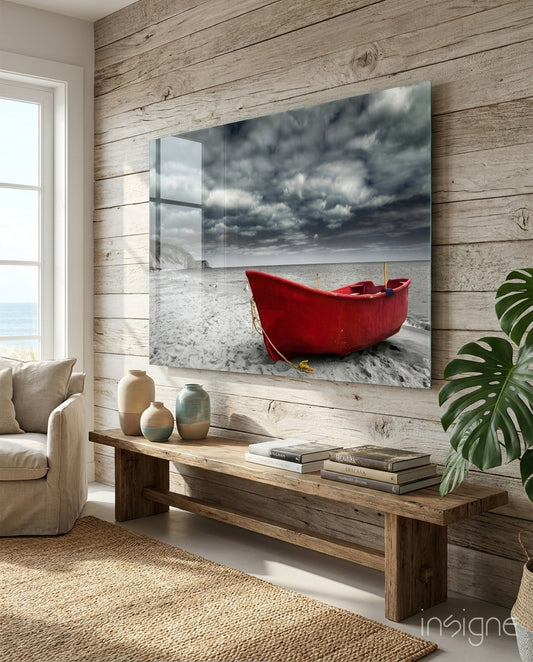 Red Kayak glass wall art displayed above a console in a designer interior