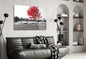 Red Tree panel adding poetic color to a tranquil bedroom