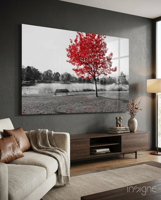 Red Tree glass wall art displayed above a console in a designer interior