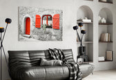 Red Door panel adding cottage warmth to a kitchen wall