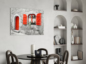 Red Door glass print enhancing a hallway with selective-color mood