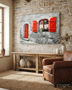 Red Door glass wall art displayed above a console in a designer interior