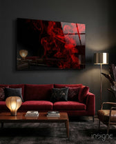 Red Smoke glass wall art displayed above a console in a designer interior
