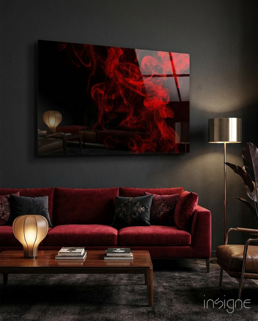 Red Smoke glass wall art displayed above a console in a designer interior