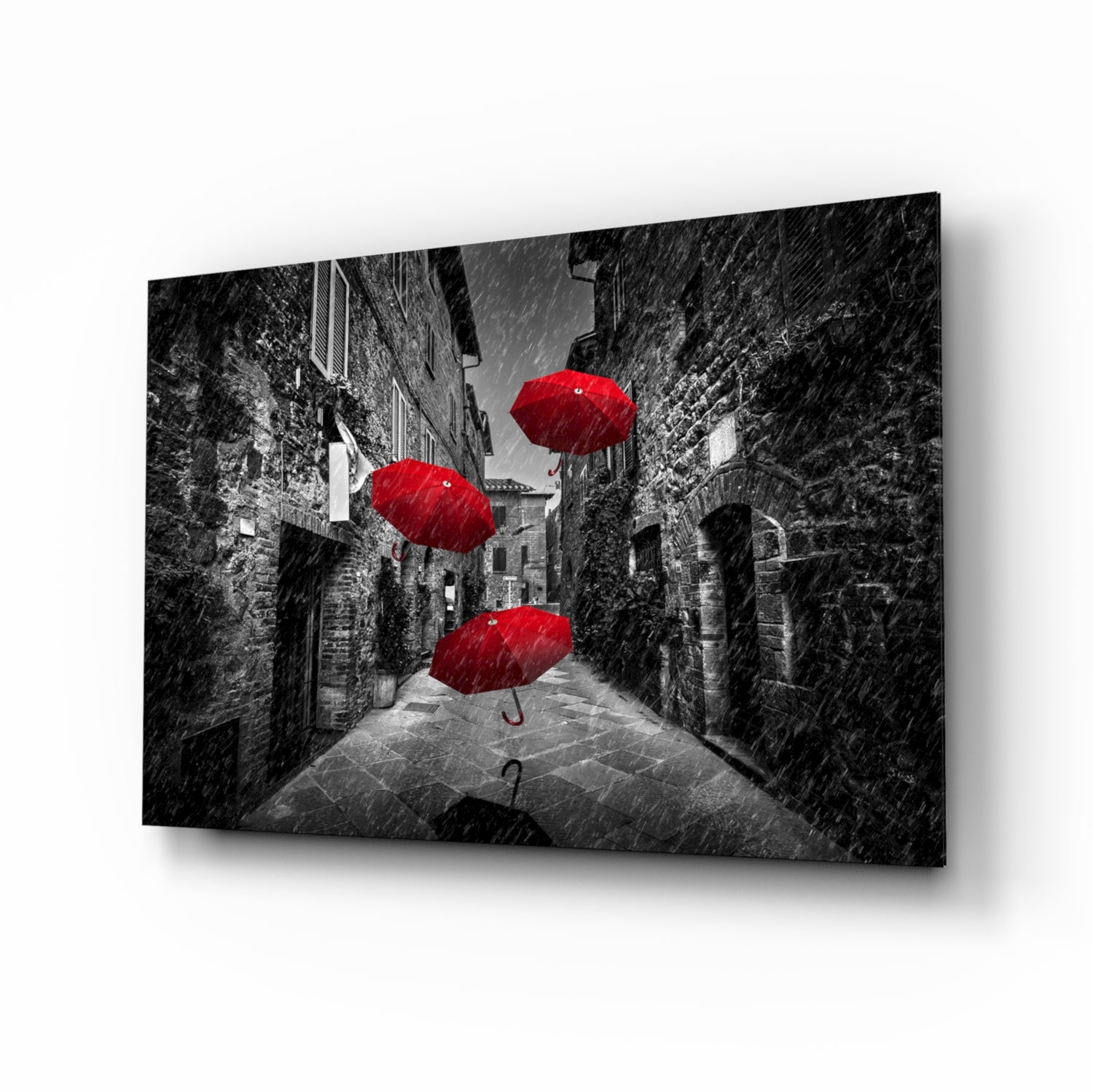 Red Umbrellas Glass Wall Art