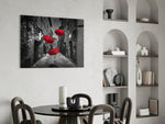 Red Umbrellas glass print enhancing a hallway with imaginative lift