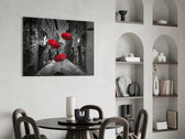 Red Umbrellas glass print enhancing a hallway with imaginative lift