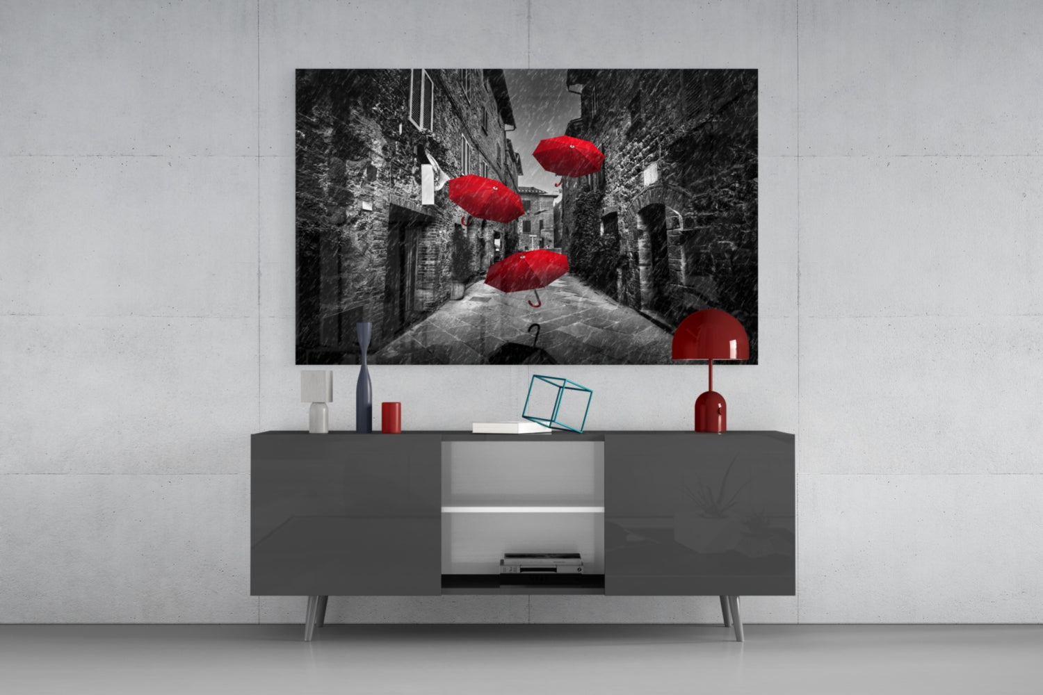 Red Umbrellas Glass Wall Art.