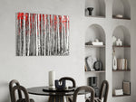 Red Forest glass print enhancing a hallway with vertical rhythm