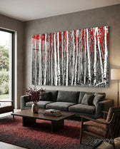 Red Forest glass wall art displayed above a console in a designer interior