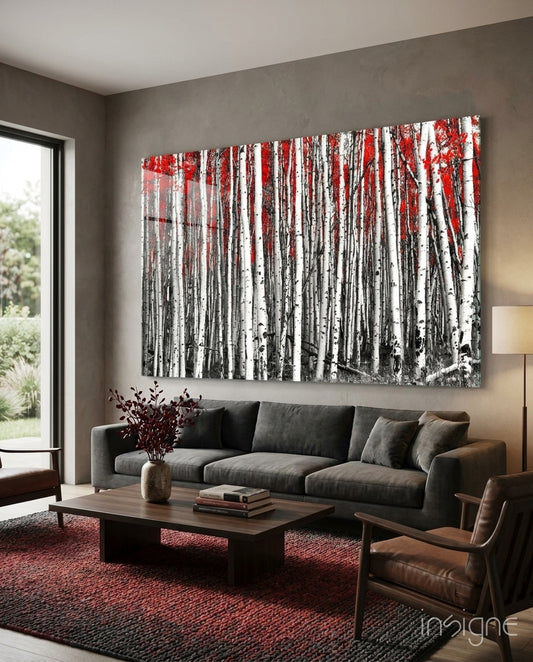 Red Forest glass wall art displayed above a console in a designer interior