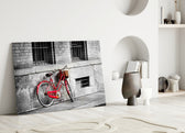 Red Bicycle glass wall art styled above a sofa in a vintage-character living room