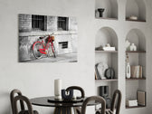 Red Bicycle glass print enhancing a hallway with urban nostalgia