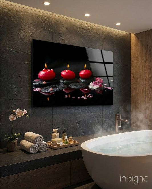 Spa red candles glass wall art displayed above a console in a designer interior