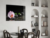 Spa glass print adding gentle ritual to a restful bedroom