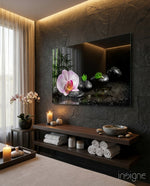 Spa pink orchid glass wall art displayed above a console in a designer interior