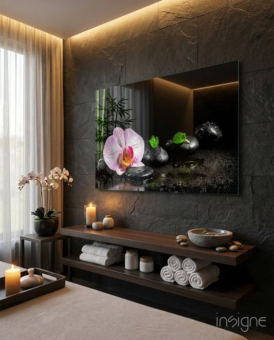 Spa pink orchid glass wall art displayed above a console in a designer interior