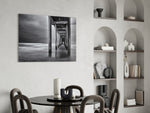 Dock glass print enhancing a hallway with vanishing-point drama