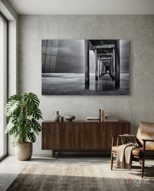 Dock under-pier glass wall art displayed above a console in a designer interior