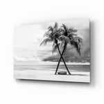 Monochrome palm panel bringing tropical calm to a contemporary living space