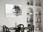Palm Trees glass print anchoring a hallway with minimalist travel charm