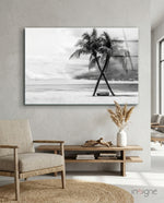 Palm Trees glass wall art displayed above a console in a designer interior
