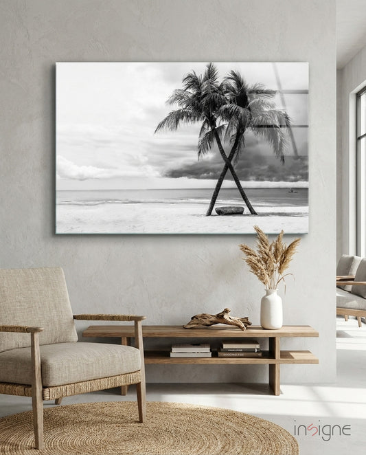 Palm Trees glass wall art displayed above a console in a designer interior