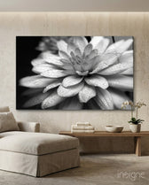 Flower dahlia glass wall art displayed above a console in a designer interior