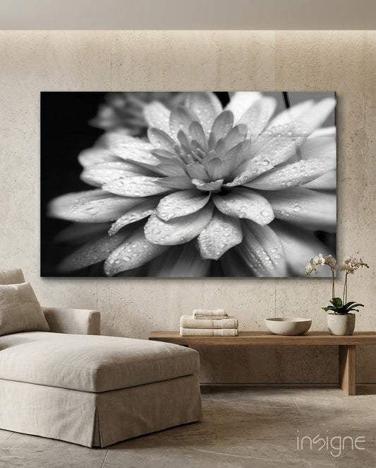 Flower dahlia glass wall art displayed above a console in a designer interior