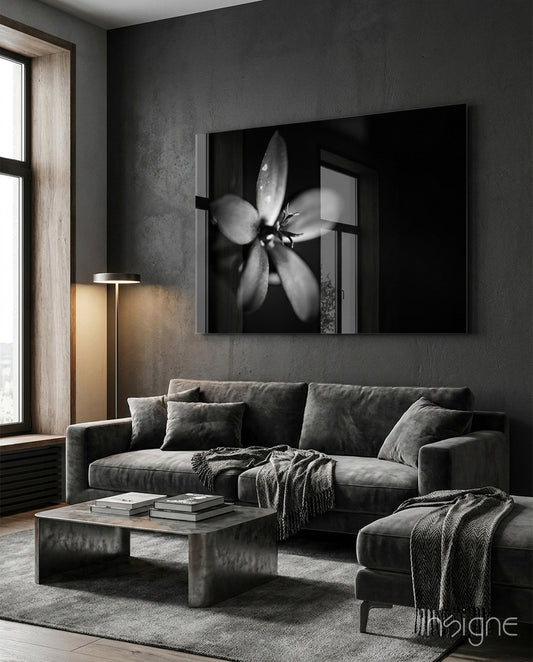 Flower minimalist bloom glass wall art displayed above a console in a designer interior