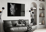 Tiger panel anchoring a masculine lounge with wildlife presence