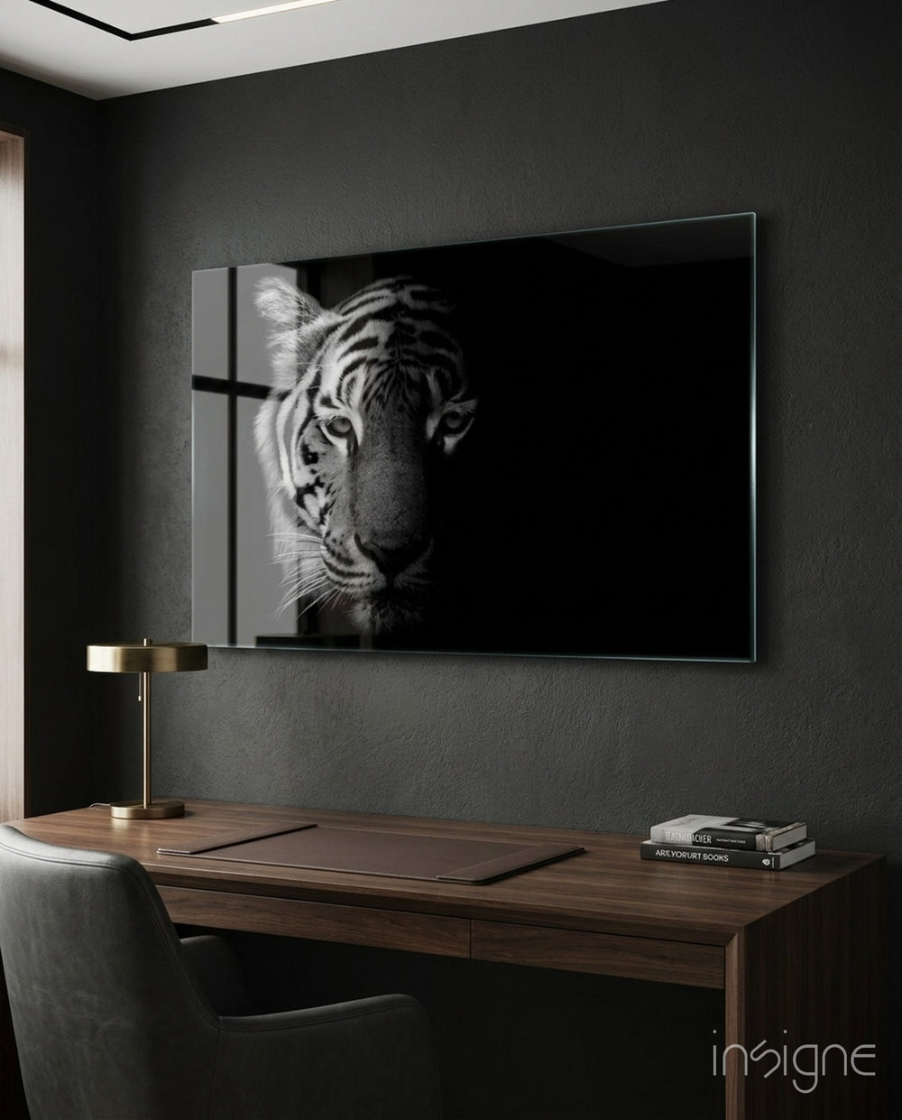 Tiger glass wall art displayed above a console in a designer interior